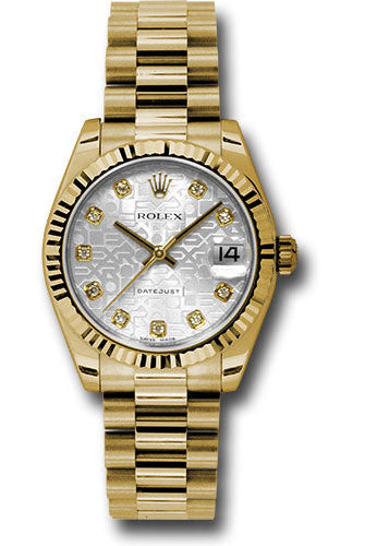 Rolex Yellow Gold Datejust 31 Watch - Fluted Bezel - Silver Jubilee Diamond Dial - President Bracelet - 178278 sjdp