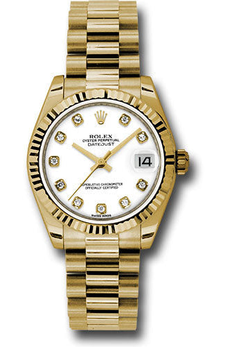 Rolex Yellow Gold Datejust 31 Watch - Fluted Bezel - White Diamond Dial - President Bracelet - 178278 wdp