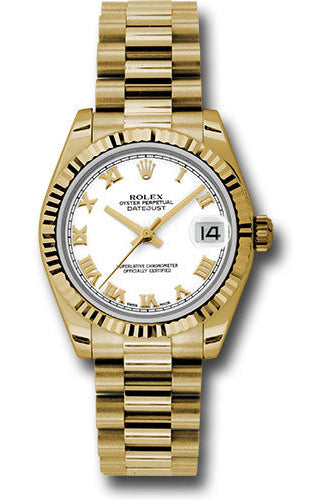 Rolex Yellow Gold Datejust 31 Watch - Fluted Bezel - White Roman Dial - President Bracelet - 178278 wrp
