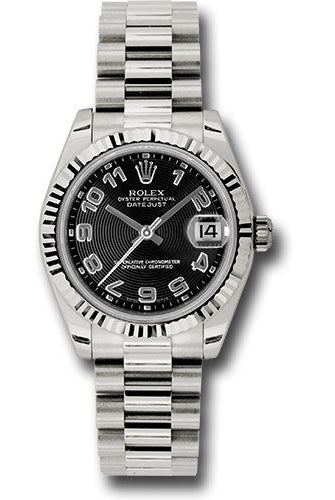 Rolex White Gold Datejust 31 Watch - Fluted Bezel - Black Concentric Circles Arabic Dial - President Bracelet - 178279 bkcap