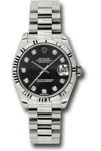 Rolex White Gold Datejust 31 Watch - Fluted Bezel - Black Diamond Dial - President Bracelet - 178279 bkdp