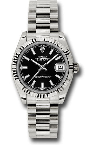 Rolex White Gold Datejust 31 Watch - Fluted Bezel - Black Index Dial - President Bracelet - 178279 bkip