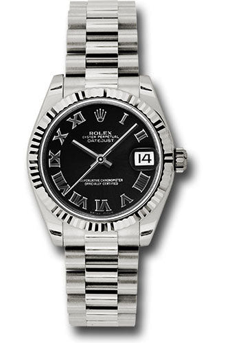 Rolex White Gold Datejust 31 Watch - Fluted Bezel - Black Roman Dial - President Bracelet - 178279 bkrp