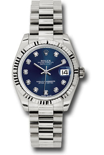 Rolex White Gold Datejust 31 Watch - Fluted Bezel - Blue Diamond Dial - President Bracelet - 178279 bldp