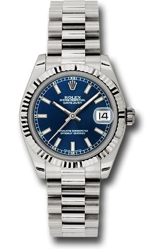 Rolex White Gold Datejust 31 Watch - Fluted Bezel - Blue Index Dial - President Bracelet - 178279 blip