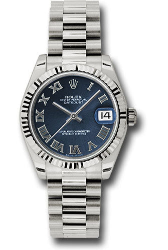 Rolex White Gold Datejust 31 Watch - Fluted Bezel - Blue Roman Dial - President Bracelet - 178279 blrp