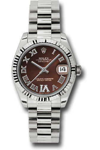Rolex White Gold Datejust 31 Watch - Fluted Bezel - Bronze Diamond Roman Vi Roman Dial - President Bracelet - 178279 brdrp