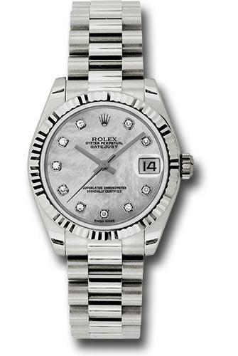 Rolex White Gold Datejust 31 Watch - Fluted Bezel - Mother-Of-Pearl Diamond Dial - President Bracelet - 178279 mdp