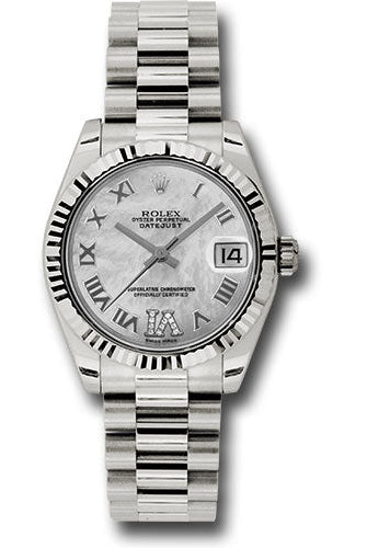 Rolex White Gold Datejust 31 Watch - Fluted Bezel - Mother-Of-Pearl Diamond Roman Vi Roman Dial - President Bracelet -
