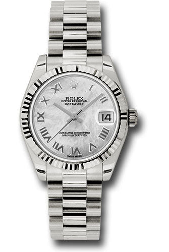 Rolex White Gold Datejust 31 Watch - Fluted Bezel - Mother-Of-Pearl Roman Dial - President Bracelet - 178279 mrp