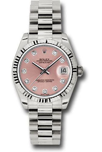 Rolex White Gold Datejust 31 Watch - Fluted Bezel - Pink Diamond Dial - President Bracelet - 178279 pdp