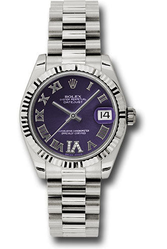 Rolex White Gold Datejust 31 Watch - Fluted Bezel - Purple Diamond Roman Vi Roman Dial - President Bracelet - 178279 pdrp