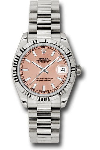Rolex White Gold Datejust 31 Watch - Fluted Bezel - Pink Index Dial - President Bracelet - 178279 pip