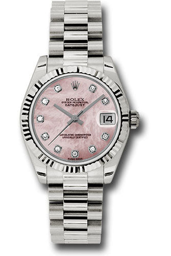Rolex White Gold Datejust 31 Watch - Fluted Bezel - Pink Mother-Of-Pearl Diamond Dial - President Bracelet - 178279 pmdp