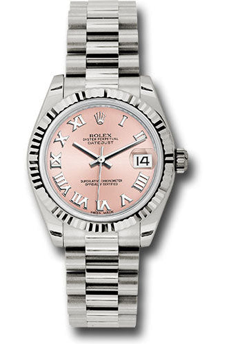 Rolex White Gold Datejust 31 Watch - Fluted Bezel - Pink Roman Dial - President Bracelet - 178279 prp