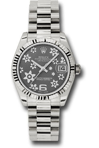 Rolex White Gold Datejust 31 Watch - Fluted Bezel - Dark Rhodium Floral Motif Dial - President Bracelet - 178279 rfp