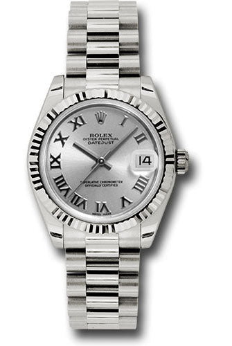 Rolex White Gold Datejust 31 Watch - Fluted Bezel - Rhodium Roman Dial - President Bracelet - 178279 rrp