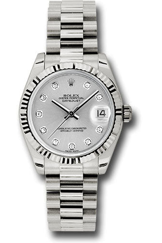 Rolex White Gold Datejust 31 Watch - Fluted Bezel - Silver Diamond Dial - President Bracelet - 178279 sdp
