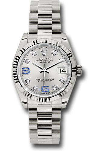Rolex White Gold Datejust 31 Watch - Fluted Bezel - Silver Diamond Sapphire 6 And 9 Diamond Dial - President Bracelet -