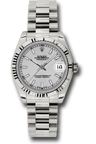 Rolex White Gold Datejust 31 Watch - Fluted Bezel - Silver Index Dial - President Bracelet - 178279 sip