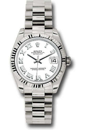 Rolex White Gold Datejust 31 Watch - Fluted Bezel - White Roman Dial - President Bracelet - 178279 wrp