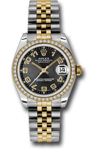 Rolex Steel and Yellow Gold Datejust 31 Watch - 46 Diamond Bezel - Black Concentric Circle Arabic Dial - Jubilee Bracelet -