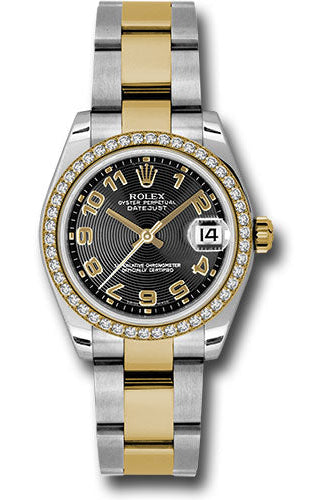 Rolex Steel and Yellow Gold Datejust 31 Watch - 46 Diamond Bezel - Black Concentric Circle Arabic Dial - Oyster Bracelet -