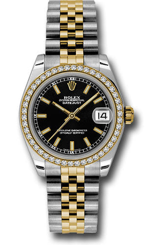 Rolex Steel and Yellow Gold Datejust 31 Watch - 46 Diamond Bezel - Black Index Dial - Jubilee Bracelet - 178383 bkij