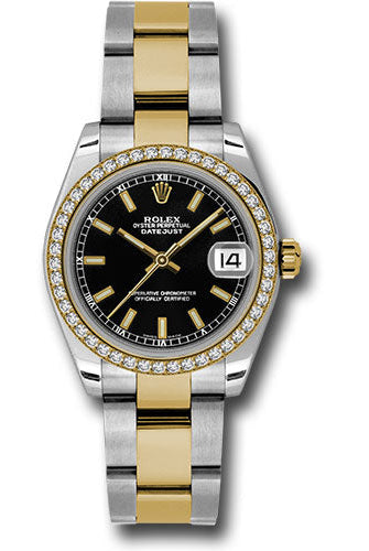 Rolex Steel and Yellow Gold Datejust 31 Watch - 46 Diamond Bezel - Black Index Dial - Oyster Bracelet - 178383 bkio