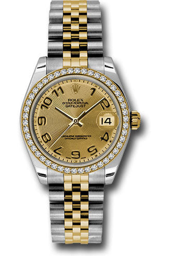 Rolex Steel and Yellow Gold Datejust 31 Watch - 46 Diamond Bezel - Champagne Concentric Circle Arabic Dial - Jubilee