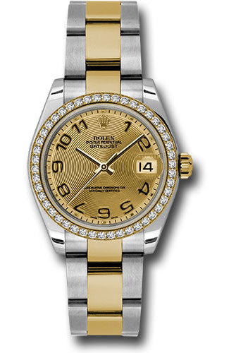 Rolex Steel and Yellow Gold Datejust 31 Watch - 46 Diamond Bezel - Champagne Concentric Circle Arabic Dial - Oyster Bracelet