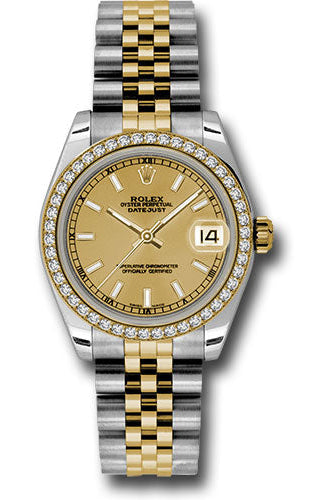 Rolex Steel and Yellow Gold Datejust 31 Watch - 46 Diamond Bezel - Champagne Index Dial - Jubilee Bracelet - 178383 chij