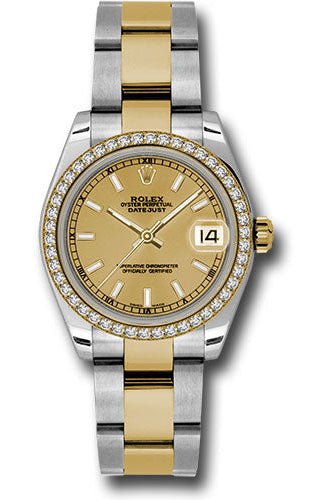 Rolex Steel and Yellow Gold Datejust 31 Watch - 46 Diamond Bezel - Champagne Index Dial - Oyster Bracelet - 178383 chio