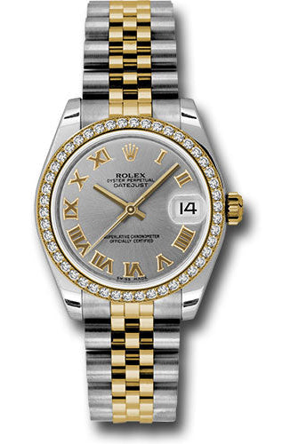 Rolex Steel and Yellow Gold Datejust 31 Watch - 46 Diamond Bezel - Grey Roman Dial - Jubilee Bracelet - 178383 grj