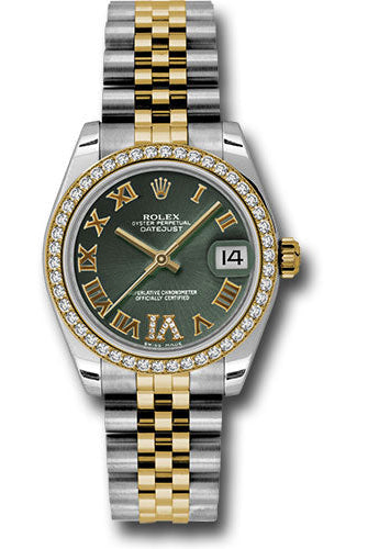 Rolex Steel and Yellow Gold Datejust 31 Watch - 46 Diamond Bezel - Olive Green Diamond Roman Vi Roman Dial - Jubilee