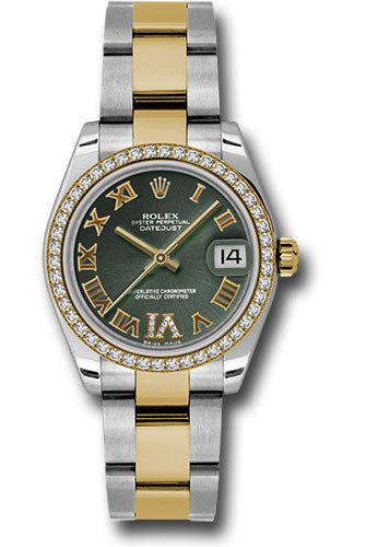 Rolex Steel and Yellow Gold Datejust 31 Watch - 46 Diamond Bezel - Olive Green Diamond Roman Vi Roman Dial - Oyster Bracelet