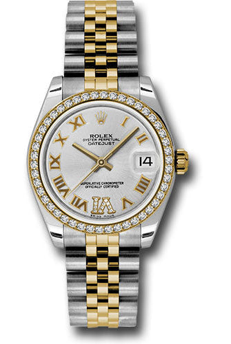 Rolex Steel and Yellow Gold Datejust 31 Watch - 46 Diamond Bezel - Silver Diamond Roman Vi Roman Dial - Jubilee Bracelet -