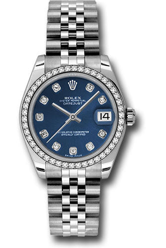 Rolex Steel and White Gold Datejust 31 Watch - 46 Diamond Bezel - Blue Diamond Dial - Jubilee Bracelet - 178384 bldj