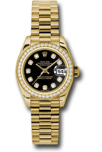 Rolex Yellow Gold Lady-Datejust 26 Watch - 42 Diamond Bezel - Black Diamond Dial - President Bracelet - 179138 bkdp