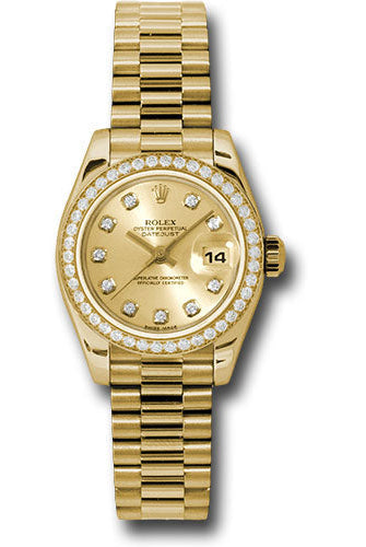 Rolex Yellow Gold Lady-Datejust 26 Watch - 42 Diamond Bezel - Champagne Diamond Dial - President Bracelet - 179138 chdp