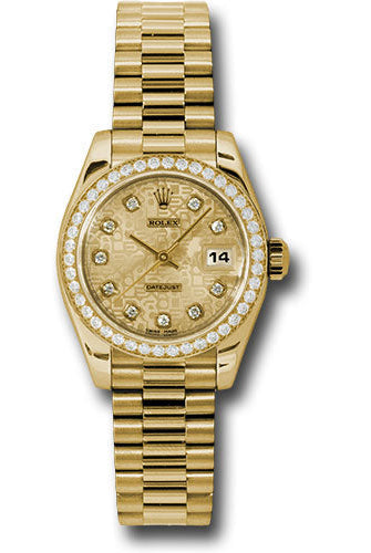 Rolex Yellow Gold Lady-Datejust 26 Watch - 42 Diamond Bezel - Champagne Jubilee Diamond Dial - President Bracelet - 179138