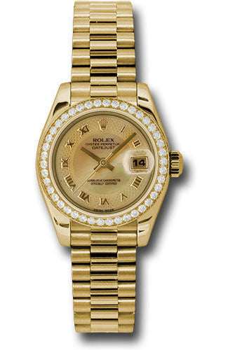 Rolex Yellow Gold Lady-Datejust 26 Watch - 42 Diamond Bezel - Champagne Decorated Mother-Of-Pearl Roman Dial - President