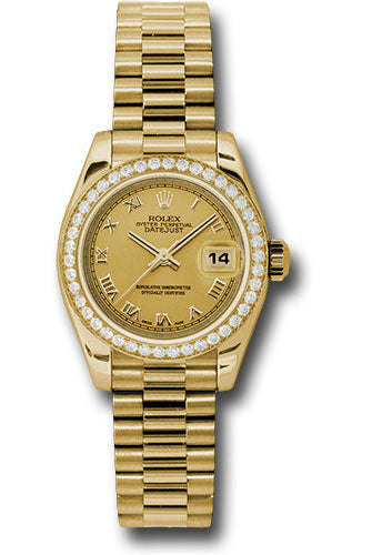 Rolex Yellow Gold Lady-Datejust 26 Watch - 42 Diamond Bezel - Champagne Roman Dial - President Bracelet - 179138 chrp
