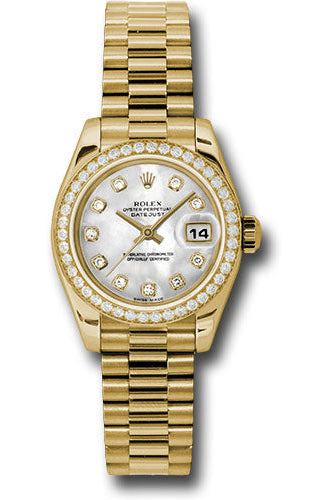 Rolex Yellow Gold Lady-Datejust 26 Watch - 42 Diamond Bezel - Mother-Of-Pearl Diamond Dial - President Bracelet - 179138 mdp