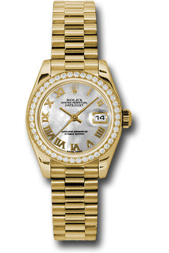 Rolex Yellow Gold Lady-Datejust 26 Watch - 42 Diamond Bezel - Mother-Of-Pearl Roman Dial - President Bracelet - 179138 mrp