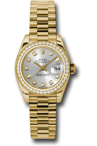 Rolex Yellow Gold Lady-Datejust 26 Watch - 42 Diamond Bezel - Silver Diamond Dial - President Bracelet - 179138 sdp