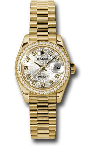 Rolex Yellow Gold Lady-Datejust 26 Watch - 42 Diamond Bezel - Silver Jubilee Diamond Dial - President Bracelet - 179138 sjdp
