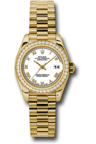 Rolex Yellow Gold Lady-Datejust 26 Watch - 42 Diamond Bezel - White Roman Dial - President Bracelet - 179138 wrp