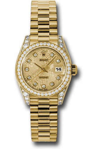 Rolex Yellow Gold Lady-Datejust 26 Watch - 42 Diamond Bezel - Champagne Jubilee Diamond Dial - President Bracelet - 179158