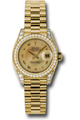Rolex Yellow Gold Lady-Datejust 26 Watch - 42 Diamond Bezel - Champagne Decorated Mother-Of-Pearl Roman Dial - President